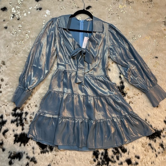 skirt and Stiletto Metallic Blue Mermaidcore Long Sleeve A Line Bow Dress - Picture 9 of 11